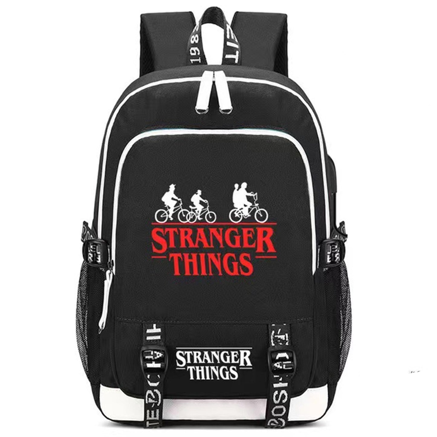 Ride The Bike Down World of Stranger Sac à dos Dream of Exploring Things Sac à dos pour ordinateur portable avec chargement USB Sac de sport pour homme, femme, garçon, fille, garçon, noir