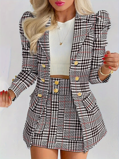 Dammode Casual Slim Kostym Tvådelad Plusstorlekskostym, Rutig Mönster Elegant Kjolkostym Med Knappar, Lapel Långärmad Kavaj Och Hög Midja Kjol, Plusstorlekar Damkläder Amazon Säljer Ej 