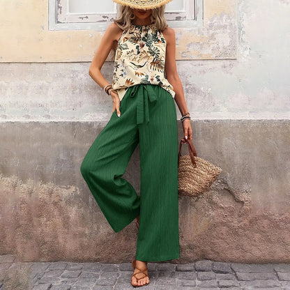 Women's 2 Piece Outfits Summer Casual Sleeveless Halter Neck Crop Tops Wide Leg Pants Set