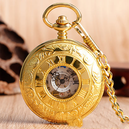 Retro Double-open Carved Hollow Manual Manipulator Pocket Watch For Men And Women