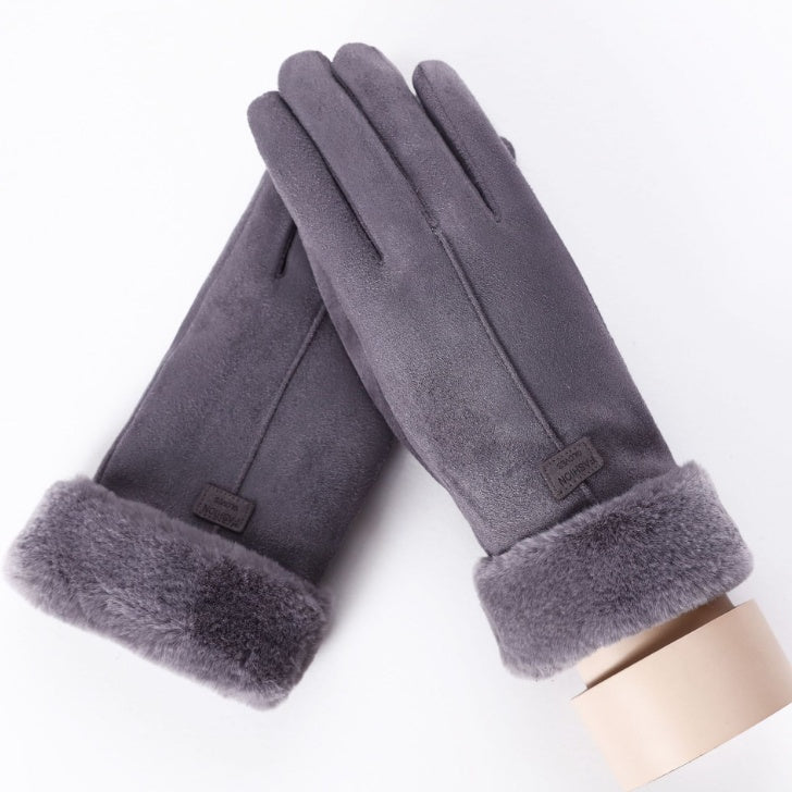 New Winter Female Lace Warm Cashmere Three Ribs Cute Bear Mittens Double thick Plush Wrist Women Touch Screen Driving Gloves 81C