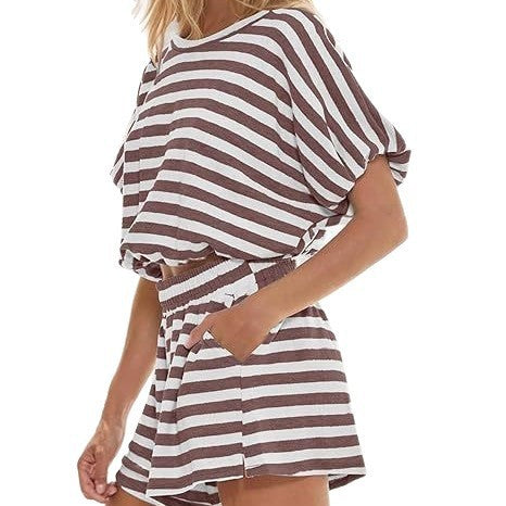 Dam Kortärmad Randig T-shirt Lös Midja Outfit Shorts Casual Kostym