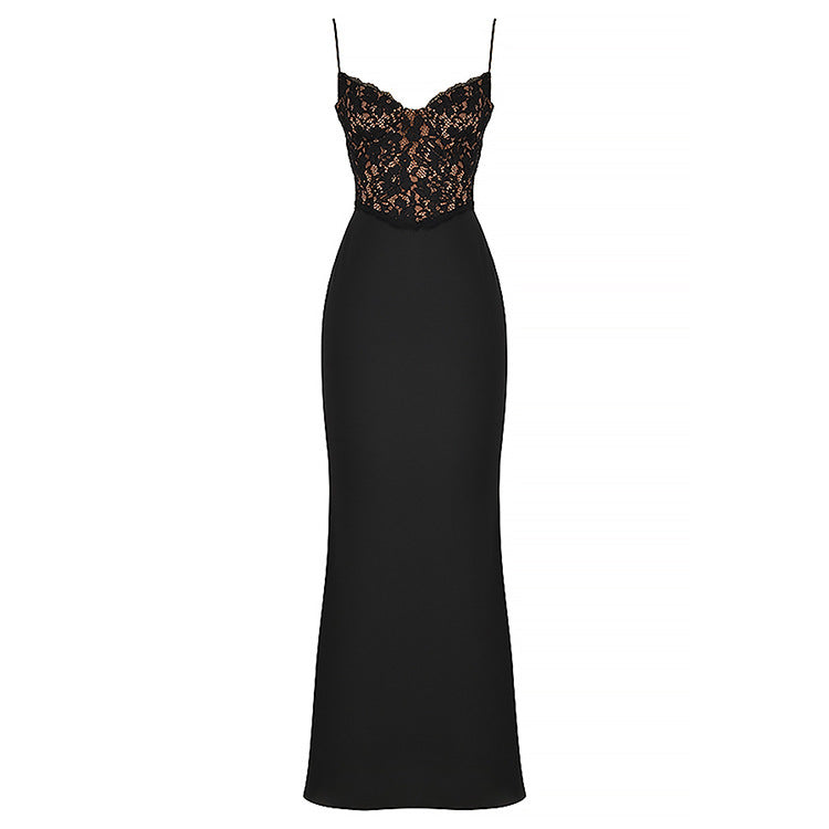 Lace High Waist Long Dress - Deep V Strap Fishtail Gown