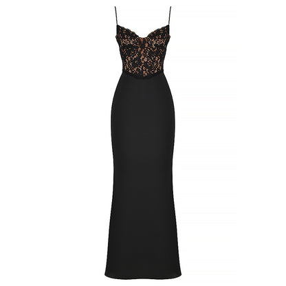 Lace High Waist Long Dress - Deep V Strap Fishtail Gown