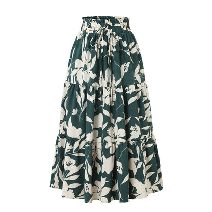 Professional European American Printed A-Line Pleated Skirt - Polyester Floral (5 Colors, S-XL, Commuting Style)