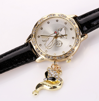 Mode mignon chat modèle montre bracelets horloge cadeau femmes fille montres de luxe diamant analogique en cuir Quartz montres