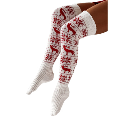 Women Long Socks Christmas Women Knitted Cotton Woolen Stocking Warm Thigh High Over The Knee Cute Deer Printing Socks Twist Cable Crochet