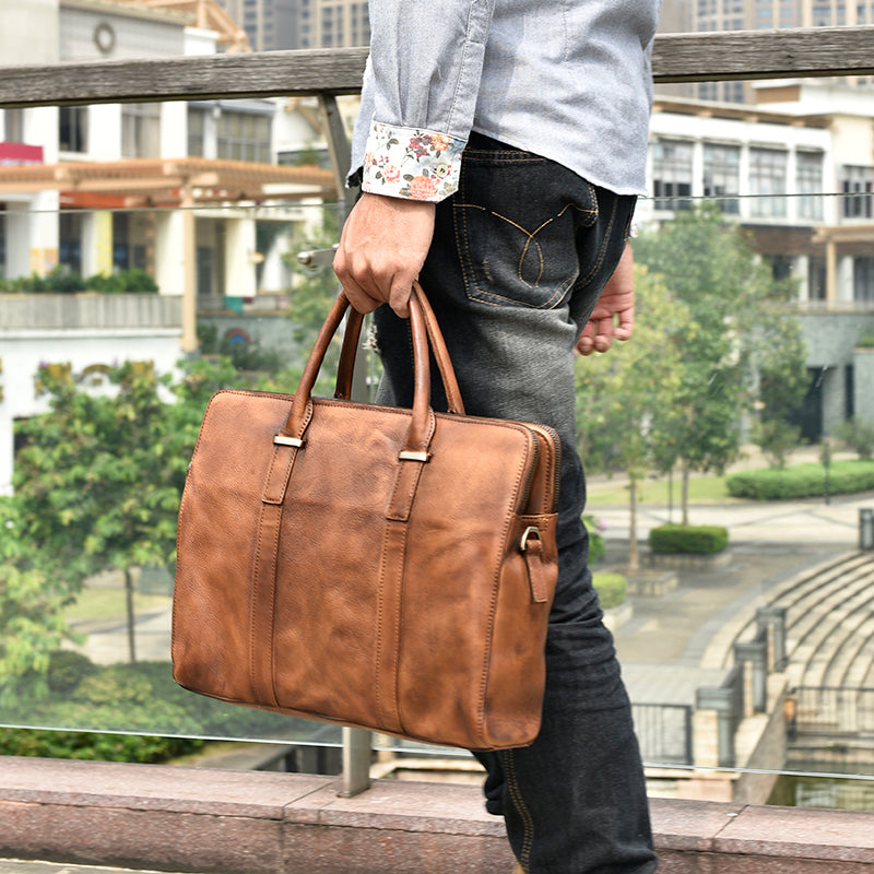 Vintage Vegetable Tanned Leather Men's First Layer Cowhide Casual Business Handbag