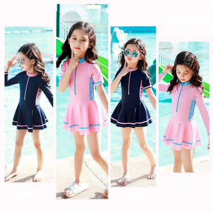 Girls' Color-blocking Sports And Leisure One-piece Skirt Swimsuit