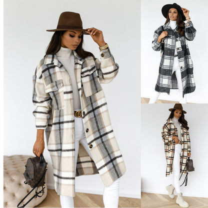 Knapp lapel casual varm plaid lång ull rocka