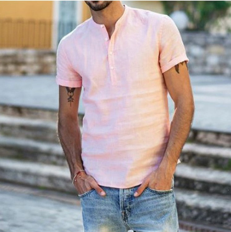 Stand-up collar cotton and linen short-sleeved shirt