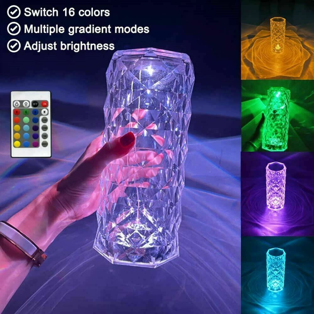 LED Crystal Table Lamp Diamond Rose Night Light Touch Atmosphere &Remote Control