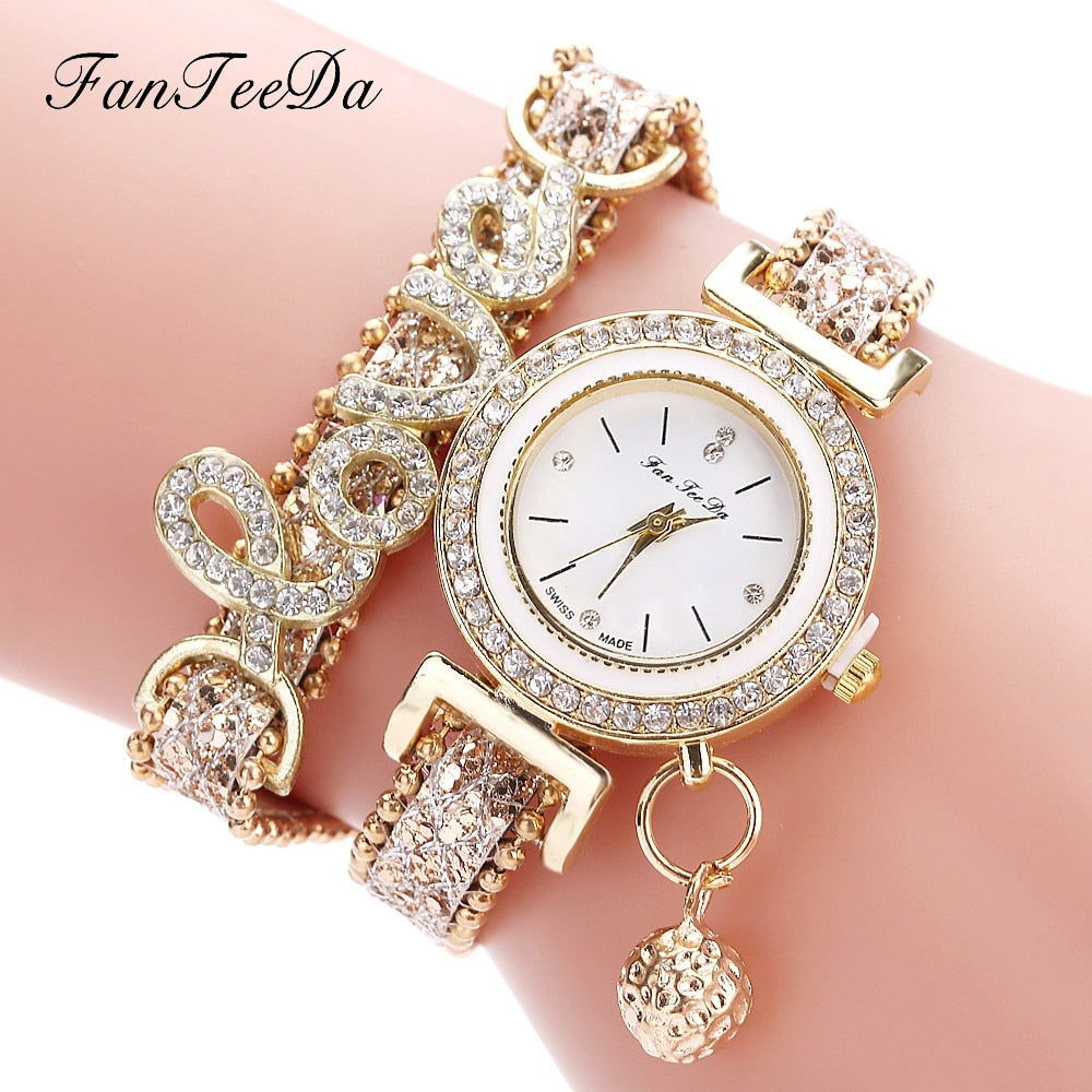 FanTeeDa Brand Dam Armband Klockor Damklocka Strass Klocka Dammode Klänning Armbandsur Relogio Feminino Present