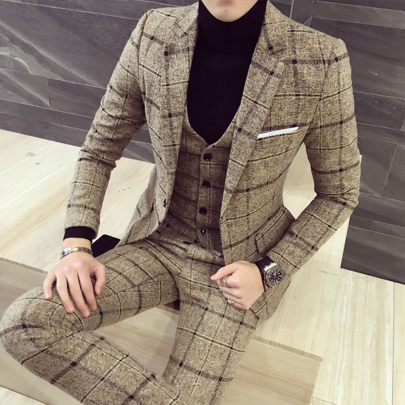 Slim British casual fashion check men's suit set of three pieces