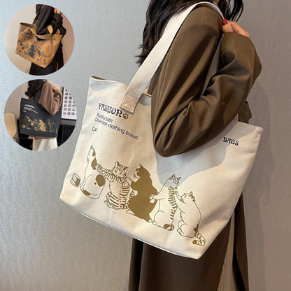 Cute Cartoon Cat Printed Canvas Bag Large Capacity Fashion Shopping Shoulder Bag Student Campus Handbag