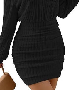 Solid Color And V-neck Long Sleeve Pleated Mini Short Dress