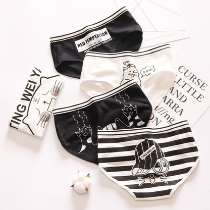 Simple Black And White Cute Cartoon Underwear Ladies Mid Waist Sheath Breathable Underwear For Women Cotton Crotch