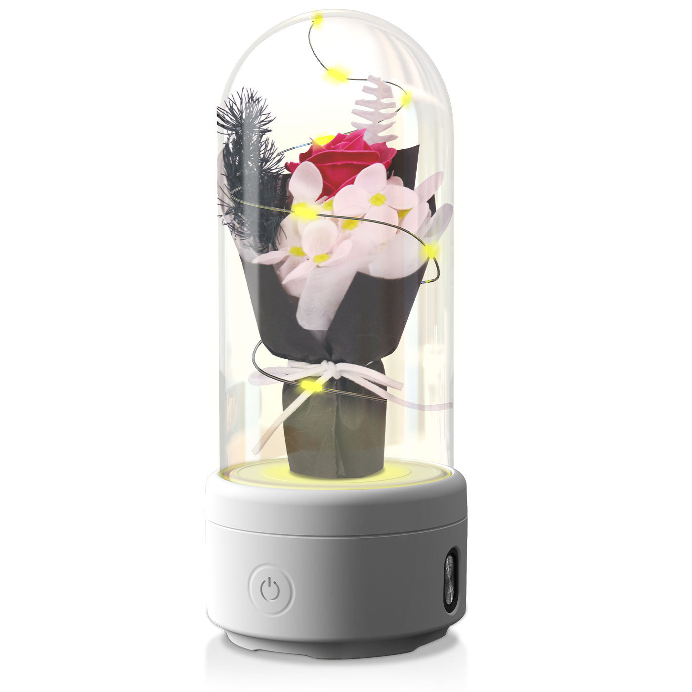 Bouquet créatif 2 en 1 avec lumière LED et haut-parleur Bluetooth, cadeau de fête des mères, veilleuse lumineuse Rose, ornement dans un couvercle en verre