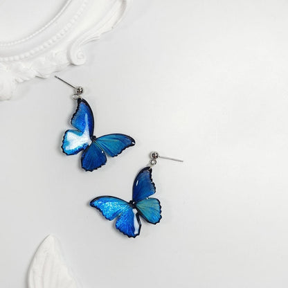 Blue Butterfly Ear Thread S925 Sterling Silver Long Pearl