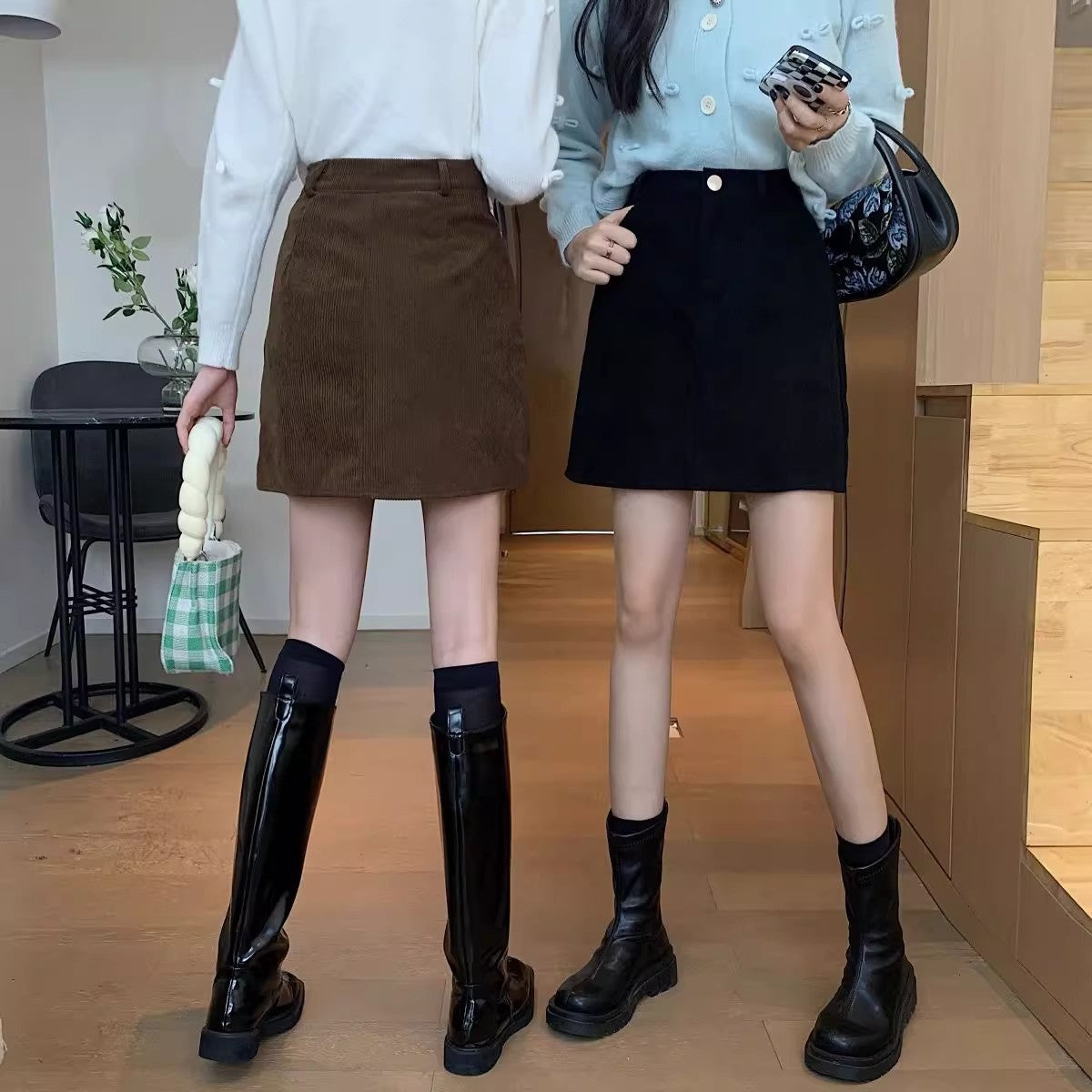 Professional High Waist Slimming Anti-Emptied Hip Skirt - Corduroy Cotton (Black/Brown, XS-4XL, Temperament Commute)