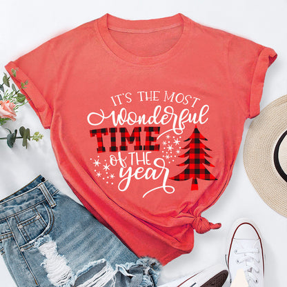 Christmas Print Round Neck Short Sleeve Women's T-shirt