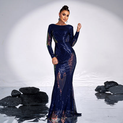 Long Sleeve Crew Neck Sequined Banquet Evening Dress - High Waist Hip Skirt - Extra Long Sleeves
