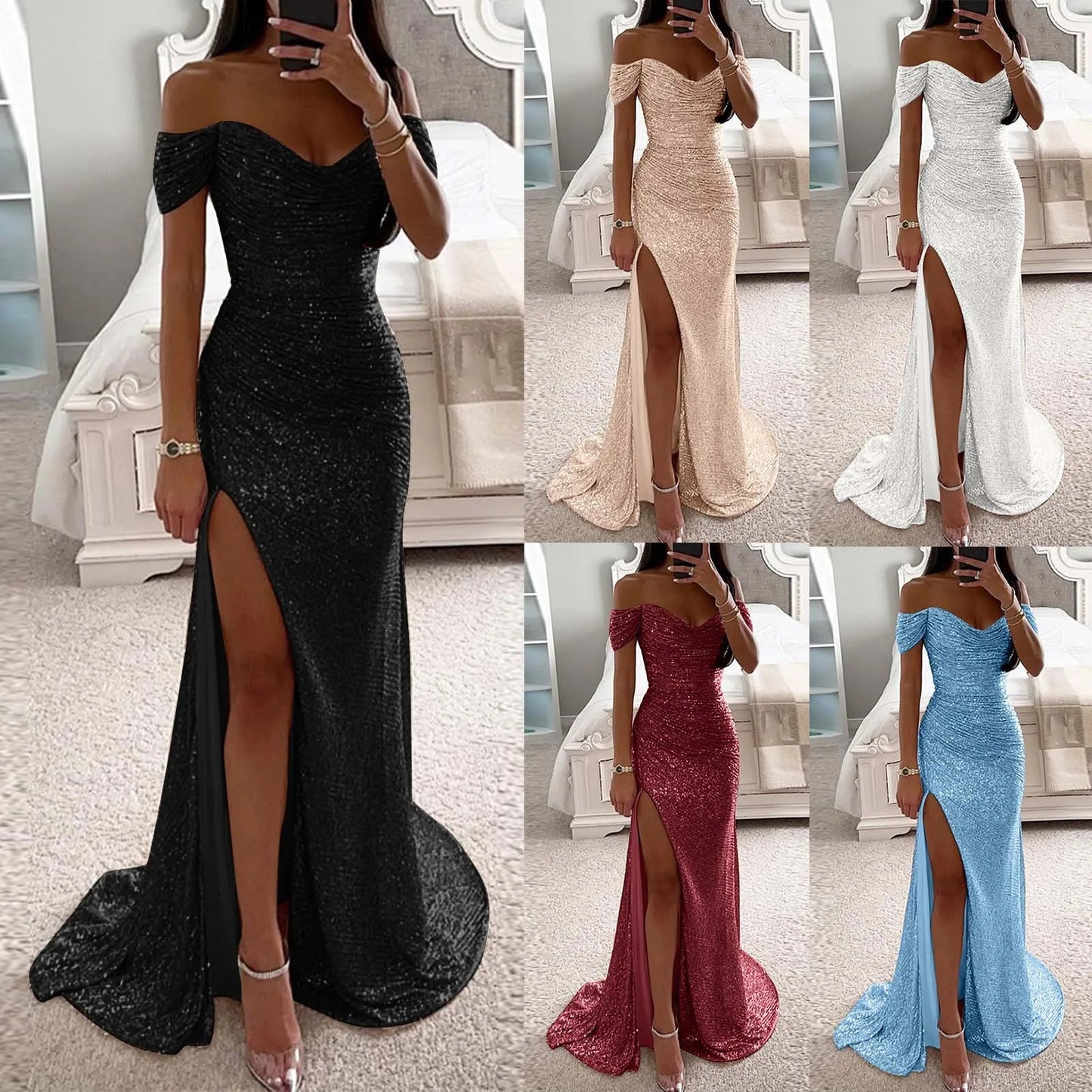 Creative Solid Color Sparkling Slit Dress for Women