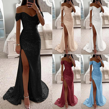 Creative Solid Color Sparkling Slit Dress for Women