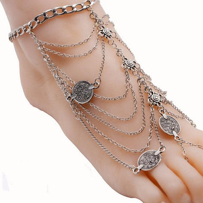 Summer Sexy Silver Tassel Anklet for women Coin Pendant Chain Ankle Bracelet Foot Jewelry Barefoot Sandal