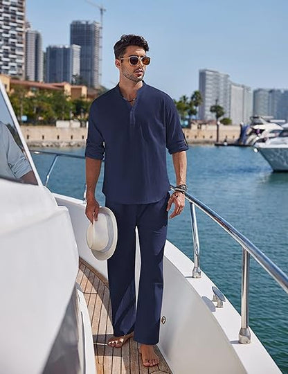Solid Color Casual Cotton Men's Long Sleeve Trousers Suit