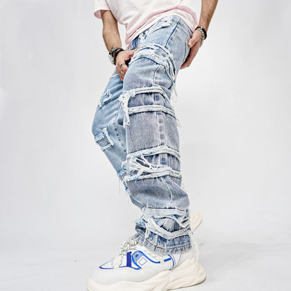 Herrbyxor, långa byxor, lappade, raka, herrjeans med hiphop-mönster