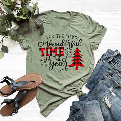 Christmas Print Round Neck Short Sleeve Women's T-shirt