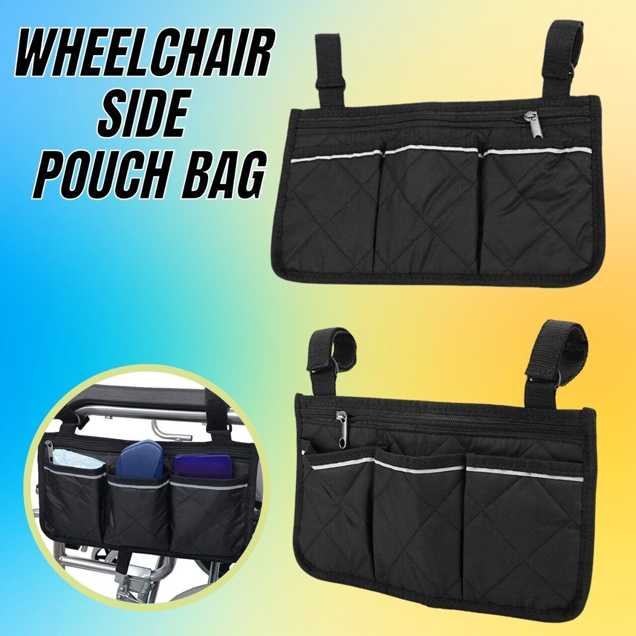 Outdoor Wheelchair Side Pouch Storage Bag Armrest Pocket Organizer Holder Pack