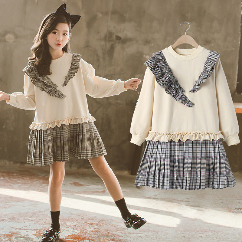 Girls' Dress In Big Kids Korean Style With Plaid Pleated