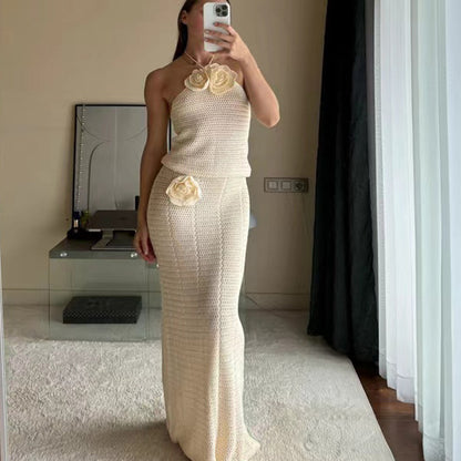 Women's Solid Color Knitted Crocheted Beach Bikini Swimsuit Blouse Sun-proof Set