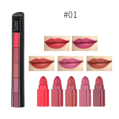 Matt 5-färgs läppstiftset Velvet Lip Stick Non-stick läppglans Långvarig vattentät sexig rött läppstift