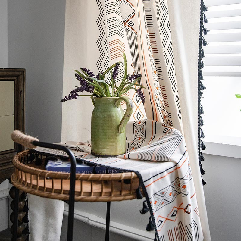 Tissu de rideau non perforé en coton et lin imprimé crème Boho