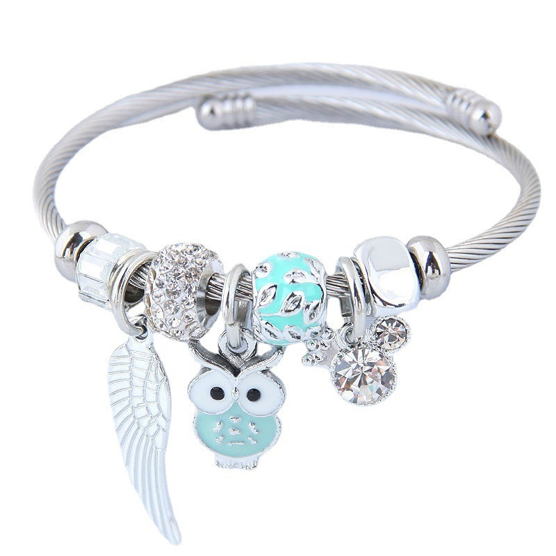 Bracelet en acier inoxydable avec pendentif ailes d'ange hibou perlé bricolage