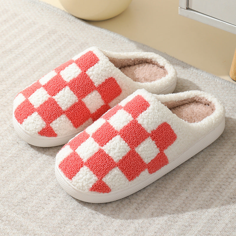 Checkerboard Print Slippers Winter House Shoes Men And Women Couple Home Floor Warm Cotton Slippers