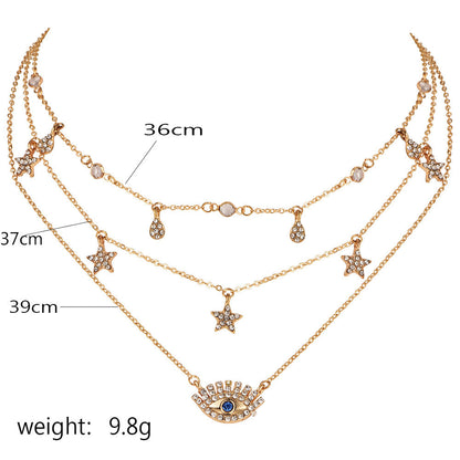 Bls-miracle Multilayer Necklace for Women Long Chain Turkish Eye Pendant Necklaces Trendy Crystal Star Water droplets Necklaces