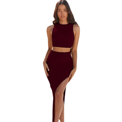 Women's Short Top Split Hip Skirt Two-piece Set Dress