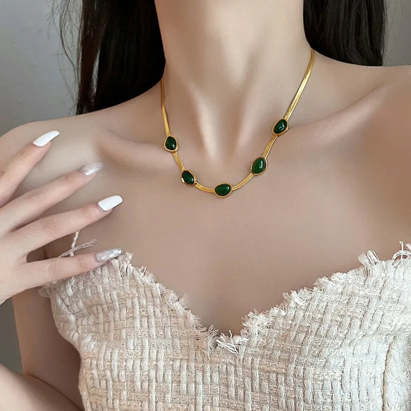 Fashion Jewelry Green Stone Crytal Snake Chain Multilayer Necklace For Women Pendant Boho Fashion Jewelry Gift