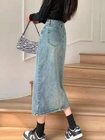 Professional High Waist Slit Denim Skirt - A-Line Slimming Hip-Covering (Mid-Length, Women's Design)
