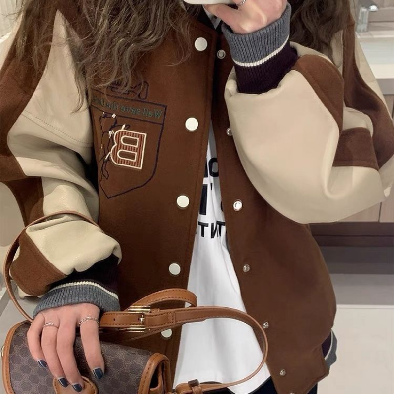 Veste de baseball marron rétro pour femme, veste ample