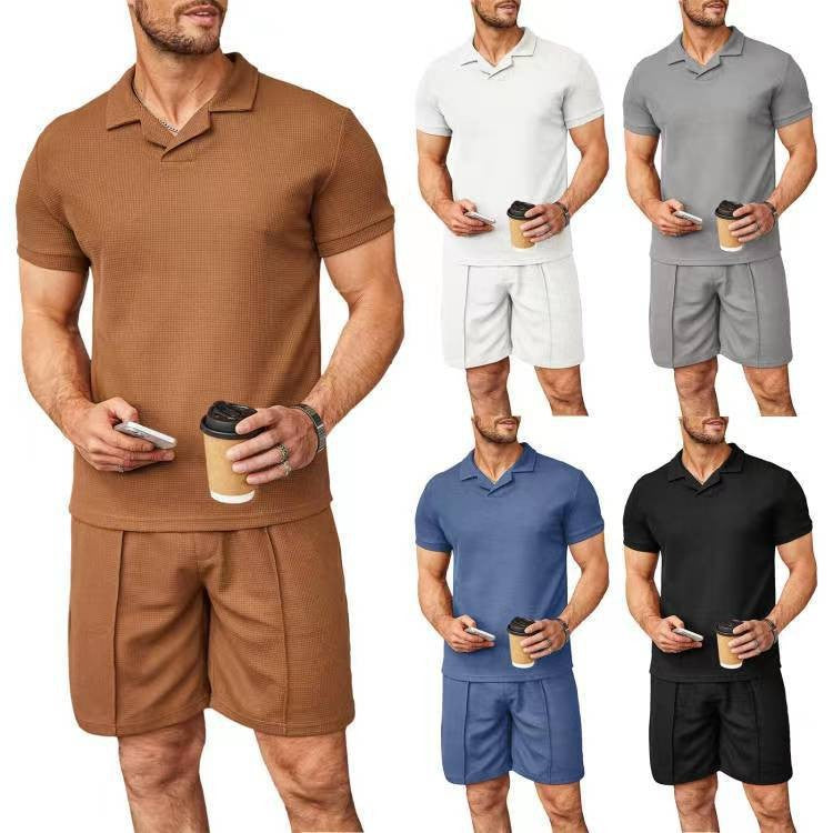 2 pièces ensemble hommes col en V Polo revers manches courtes hommes costume Style gaufré décontracté mode T-Shirt été