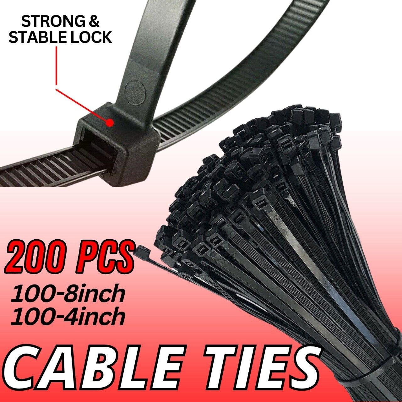 200PCS Cable Ties Zip Nylon Black Nylon Wire Wrap Tie UV Weather Resistant