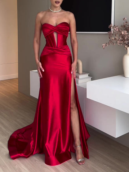 Elegant Red Evening Dress - Tube Top Slit Extra Long