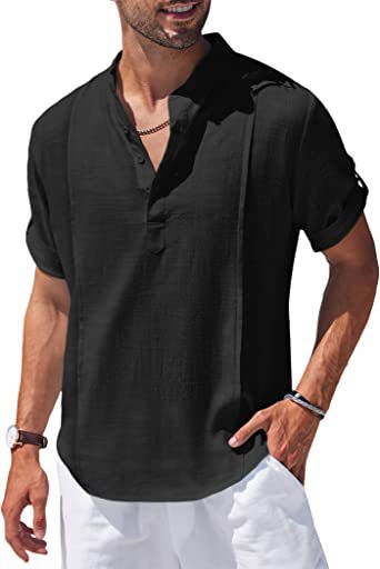 Henley Style Linen Shirt Men Casual Beach Shirt Short Sleeve T-Shirt Summer