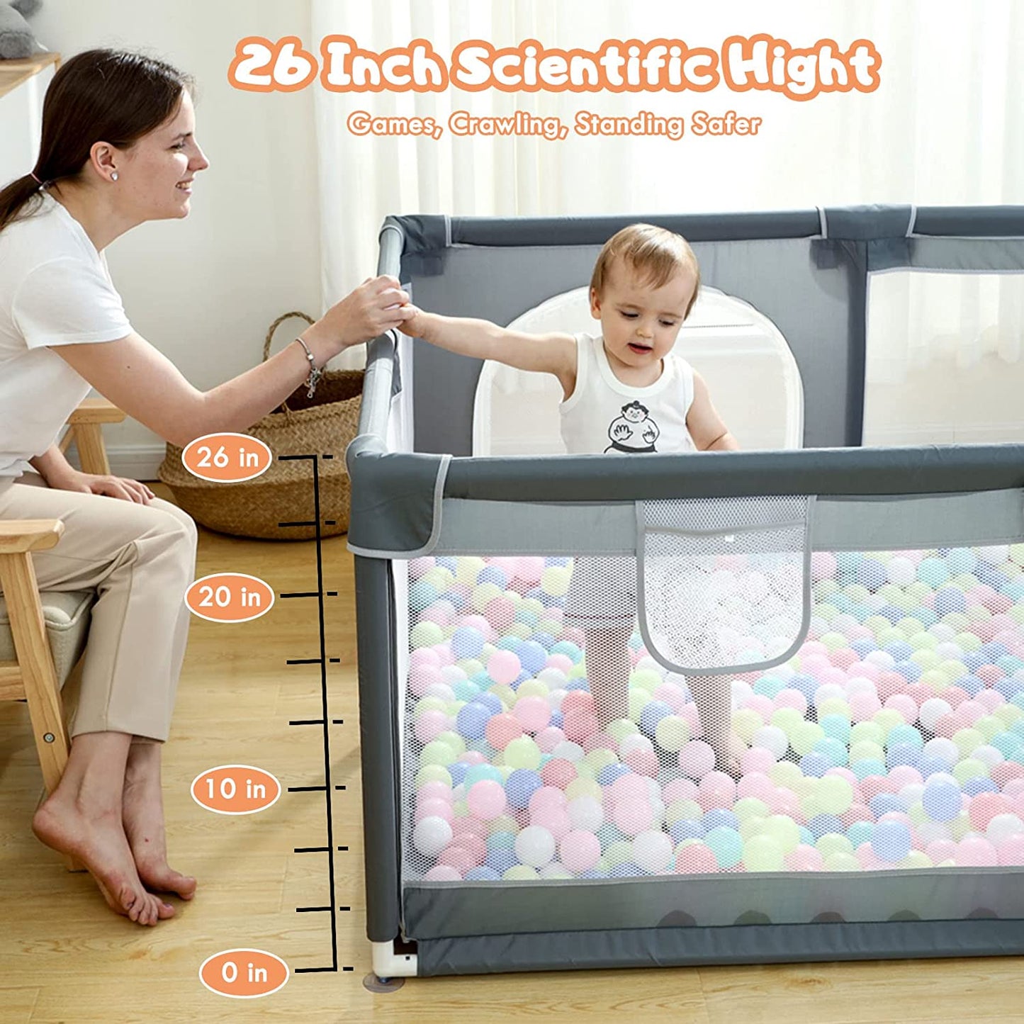 Parc de jeu pour bébés et tout-petits, cour de jeu pour bébé avec porte pour espace limité, clôture pour bébé 47x47x26 avec maille respirante, centre d'activités de sécurité intérieure et extérieure