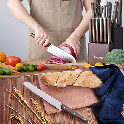 Ensembles de couteaux de cuisine, 15 pièces avec bloc pour couteau de chef de cuisine, ensemble de couteaux en acier inoxydable, couteaux à steak dentelés avec aiguiseur manuel, plate-forme Amazon Banned